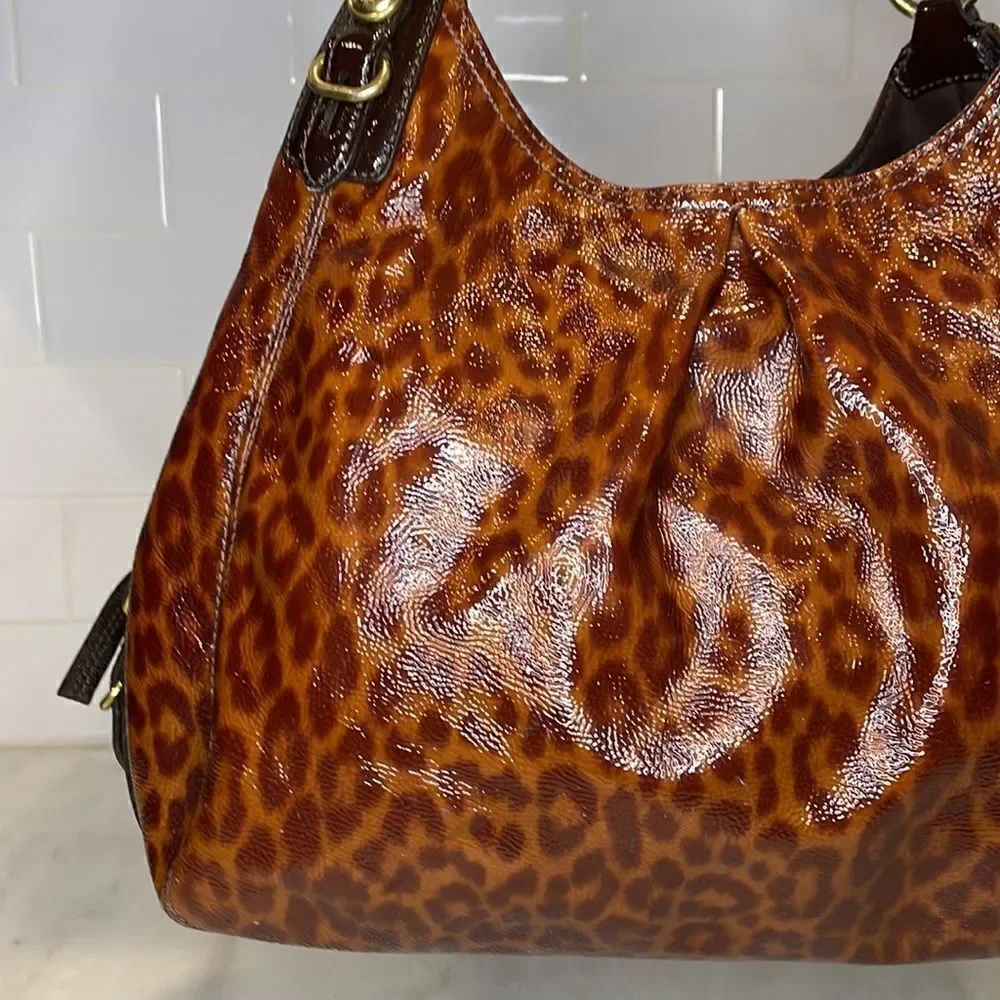 Coach Purse Handbag Leather Maggie Mia Ocelot Gloss Patent Hobo Shoulder Bag